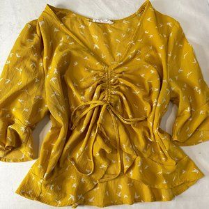 Elodie Crop Blouse Womens L Yellow White Bird Print Drawstring